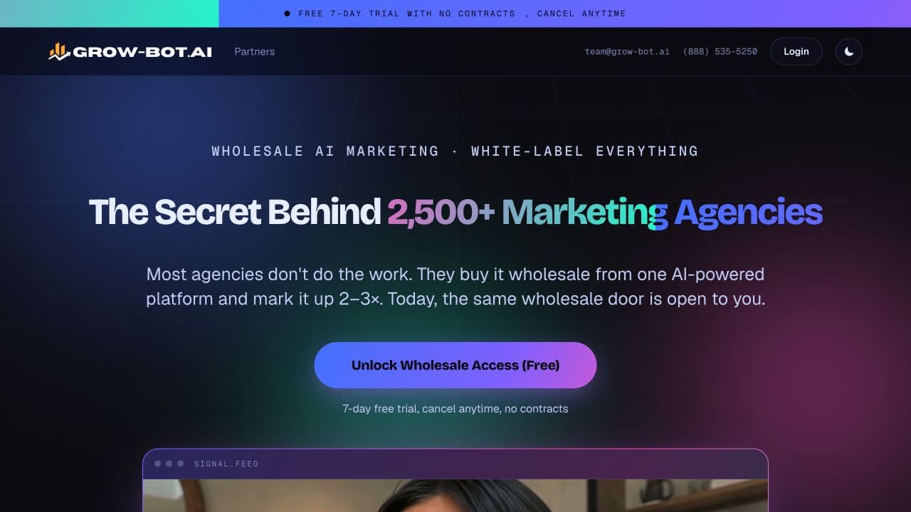 Grow-Bot.ai homepage with its wholesale marketing headline, blue and magenta accents, and free access button